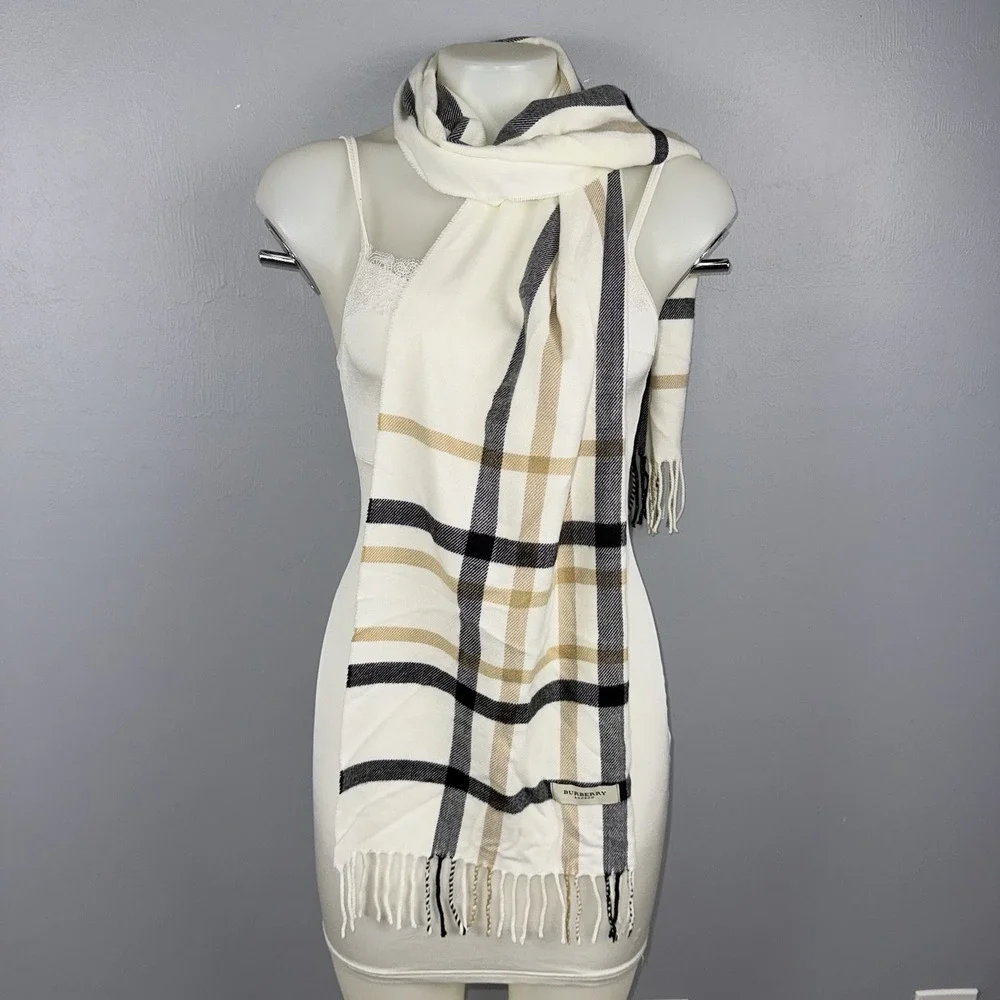 Burberry Cashmere Scarf Cream Black & Tan Wide Check Fringe 64x12.25